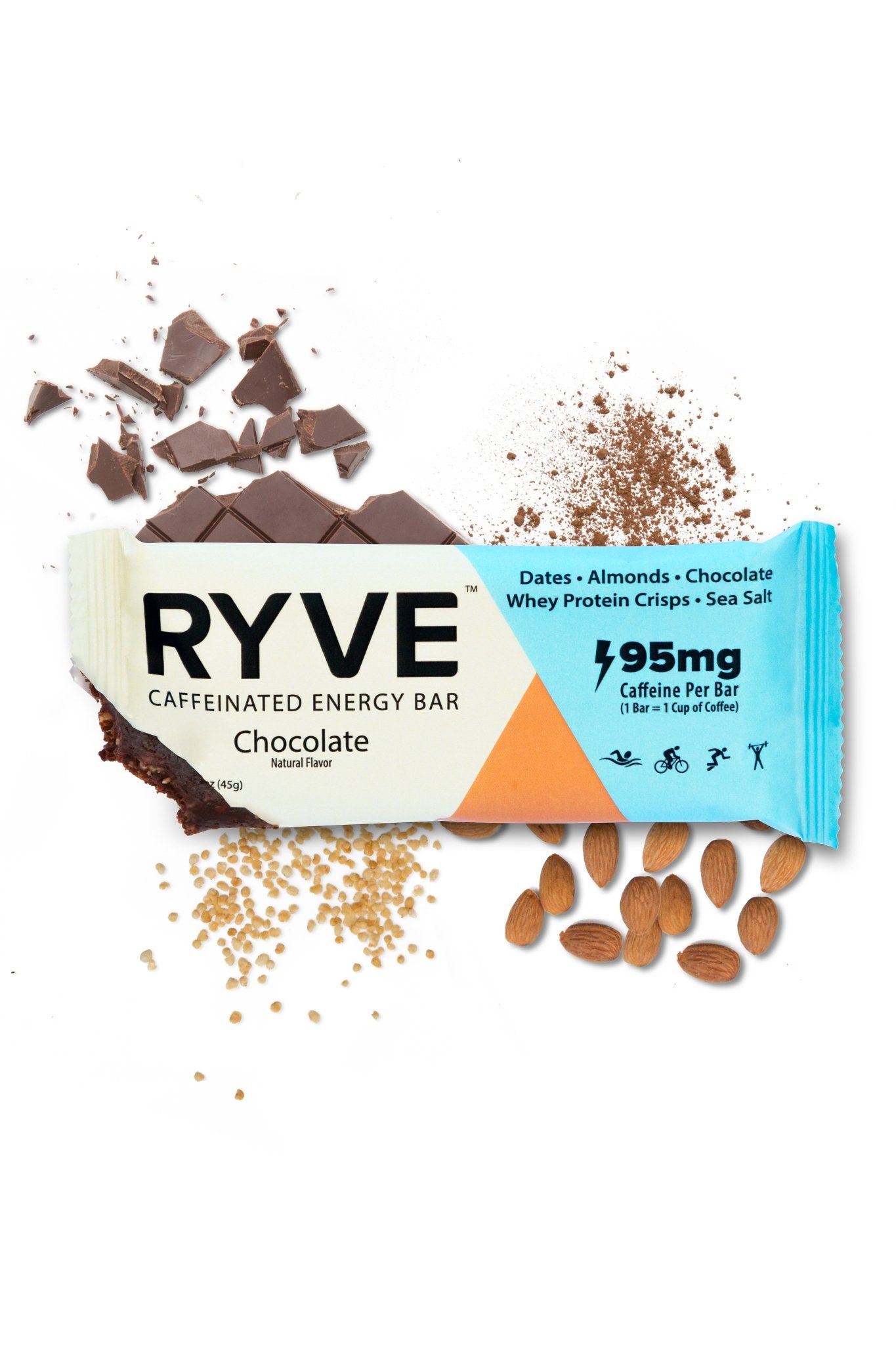 Caffeinated Chocolate Energy Bar (12 - Pack) With Chocolate, Cocoa Powder, Whey Protein Crisps, and Almonds